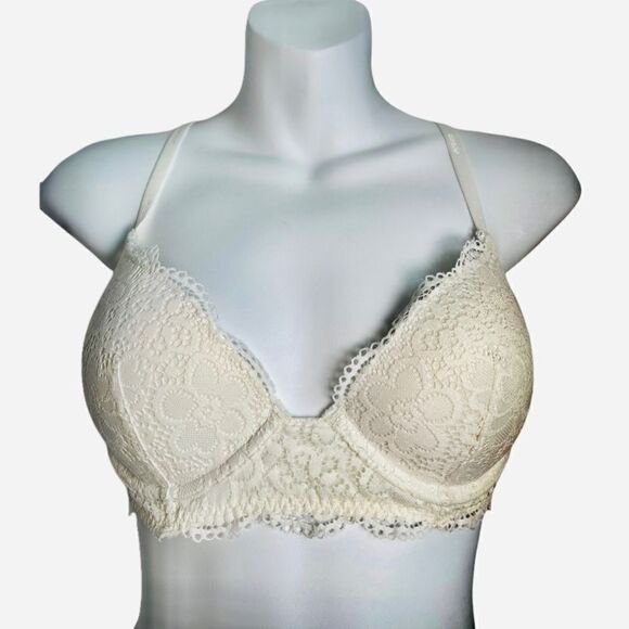 Aerie Demi Push Up Floral Lace 32D Bra Ivory White - Picture 1 of 15